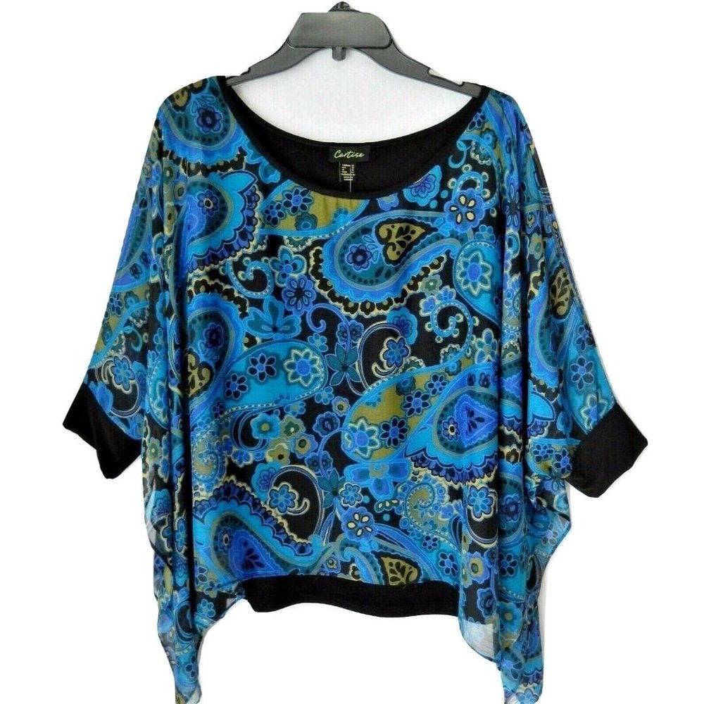 Cato Blue Paisley Dolman Sleeve Blouse with Black Trim